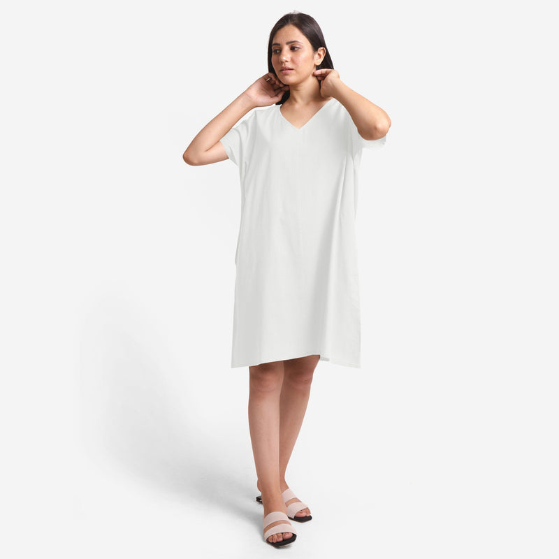 Front View of a Model wearing White Cotton Flax V-Neck Tunic