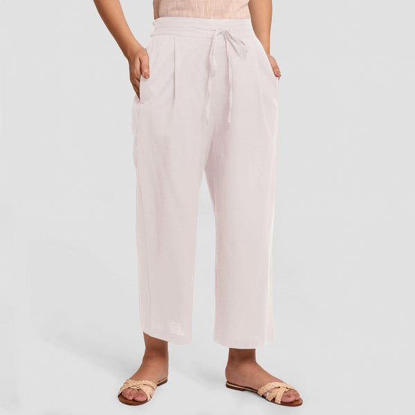 Front View of a Model wearing White Cotton Flax Wide Legged Pant