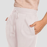Front Detail of a Model wearing White Cotton Flax Wide Legged Pant