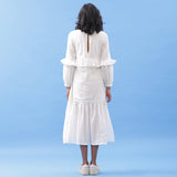 Back View of a Model wearing White Cotton Frilled Bohemian Tier Midi Dress