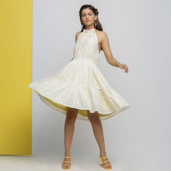 Front View of a Model wearing White Cotton Lace Fit and Flare Dress