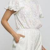 Right Detail of a Model wearing White Cotton Lace Hand Embroidered Jumpsuit