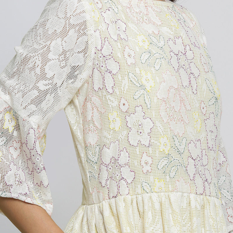 Right Detail of a Model wearing White Cotton Hand-Embroidered Yoked Dress