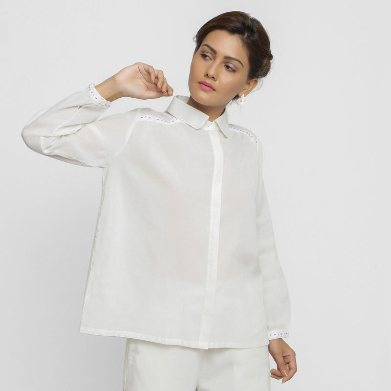 Front View of a Model wearing White Organic Cotton Lined Peter Pan Gathered Top