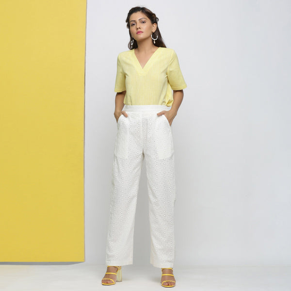 Front View of a Model wearing Cotton Schiffli White Straight Pant