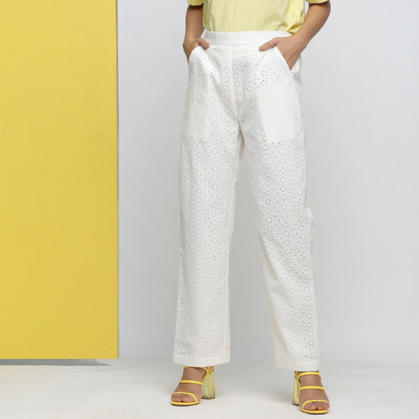 Front View of a Model wearing Cotton Schiffli White Straight Pant
