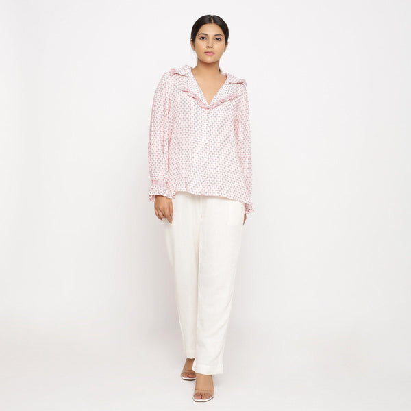 Front View of a Model wearing White Cotton Shirt and Off-White Pant Set