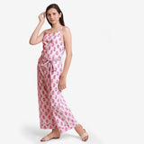 Front View of a Model wearing White Block Print Ankle Length Cotton Camisole Jumpsuit