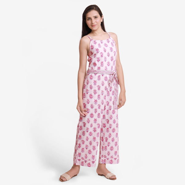 Right View of a Model wearing White Block Print Ankle Length Cotton Camisole Jumpsuit