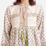 Front Detail of a Model wearing White Floral Block Printed Cotton Knee Length Dress