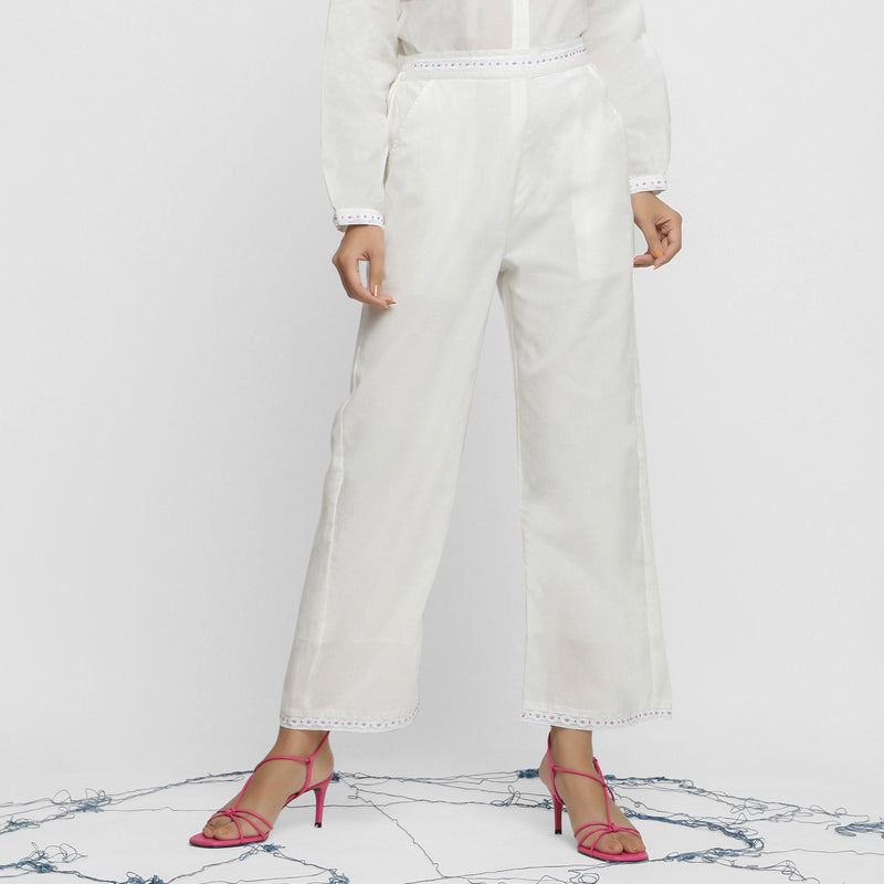 Front View of a Model wearing Solid White Hand Beaded Straight Pant