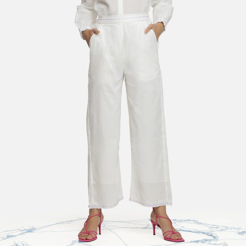 Front View of a Model wearing Solid White Hand Beaded Straight Pant
