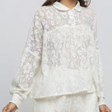 Front Detail of a Model wearing White Floral Hand-Embroidered Cotton Lace Yoked Shirt