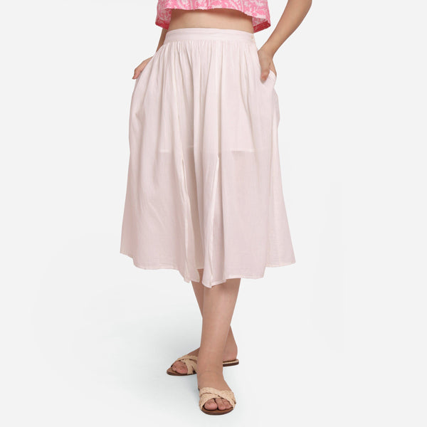 Front View of a Model wearing White Mid-Rise Solid Flared Skirt