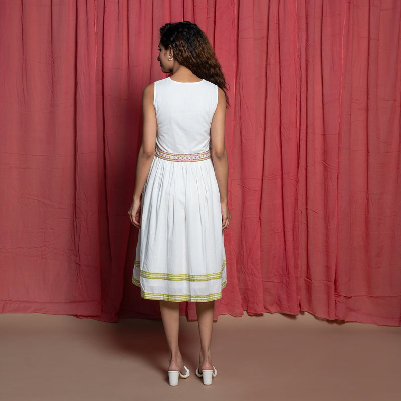 Back View of a Model wearing White Organic Cotton Block Print Lace Sundress