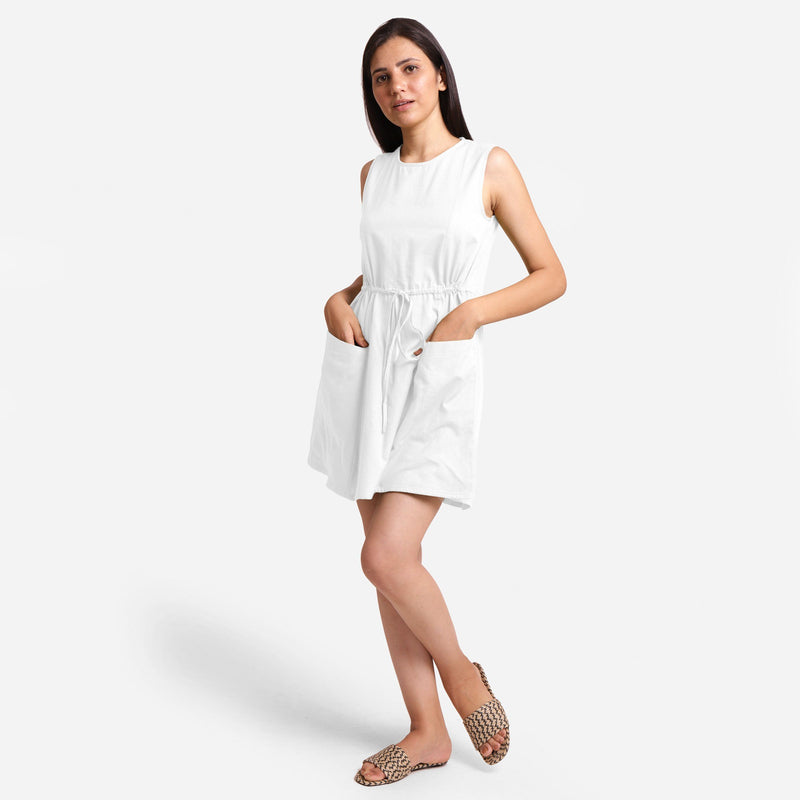 Front View of a Model wearing White Patch Pocket Round Neck Dress