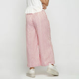 Back View of a Model wearing Pink Striped Hand Screen Print Elasticated Cotton Wide Legged Pant