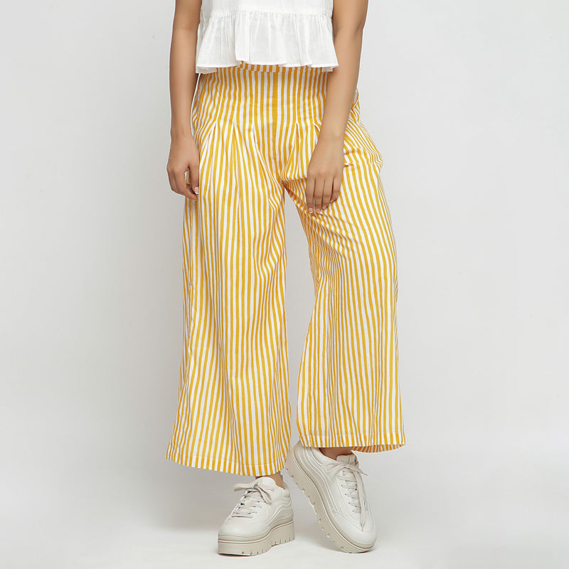 Front View of a Model wearing Yellow Striped Hand Screen Print Elasticated Wide Legged Cotton Pant