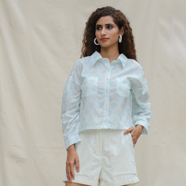 Front View of a Model wearing White and Powder Blue Paisley Block Printed Cotton Button-Down Shirt