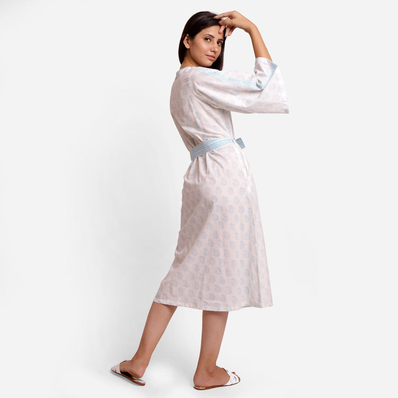 Back View of a Model wearing White Sanganeri Block Printed Cotton Midi Dress