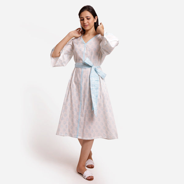 Front View of a Model wearing White Sanganeri Block Printed Cotton Midi Dress