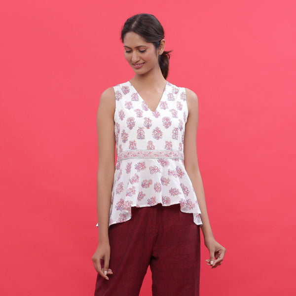 Front View of a Model wearing White Sanganeri Block Print High-Low Cotton Top