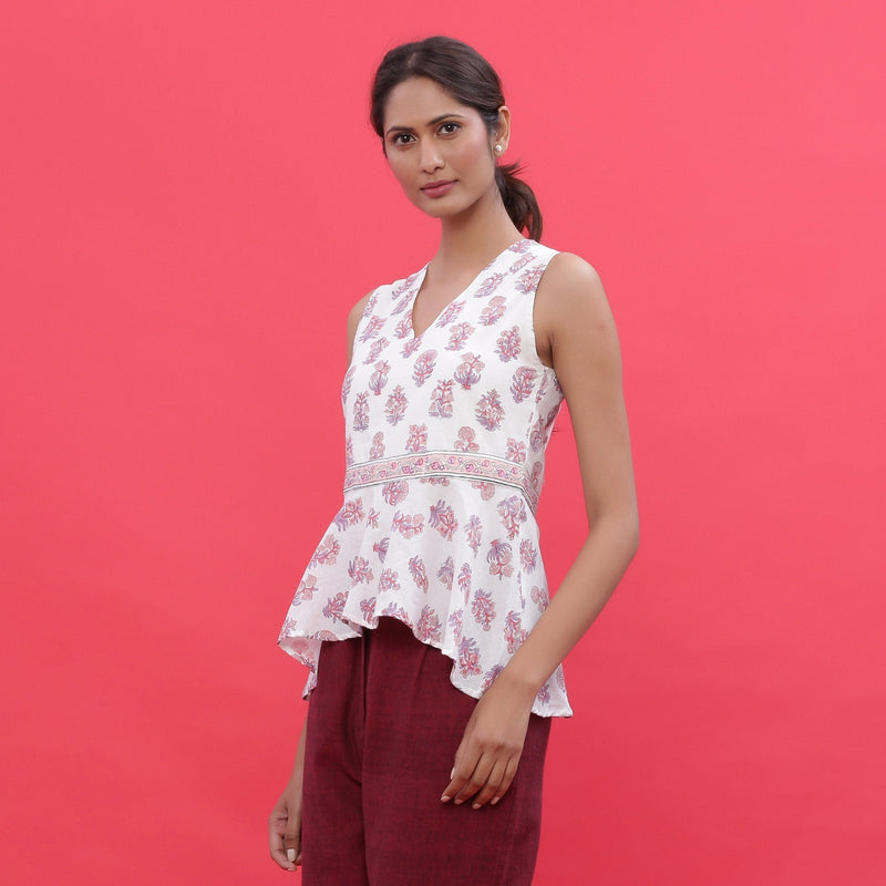 Left View of a Model wearing White Sanganeri Block Print High-Low Cotton Top