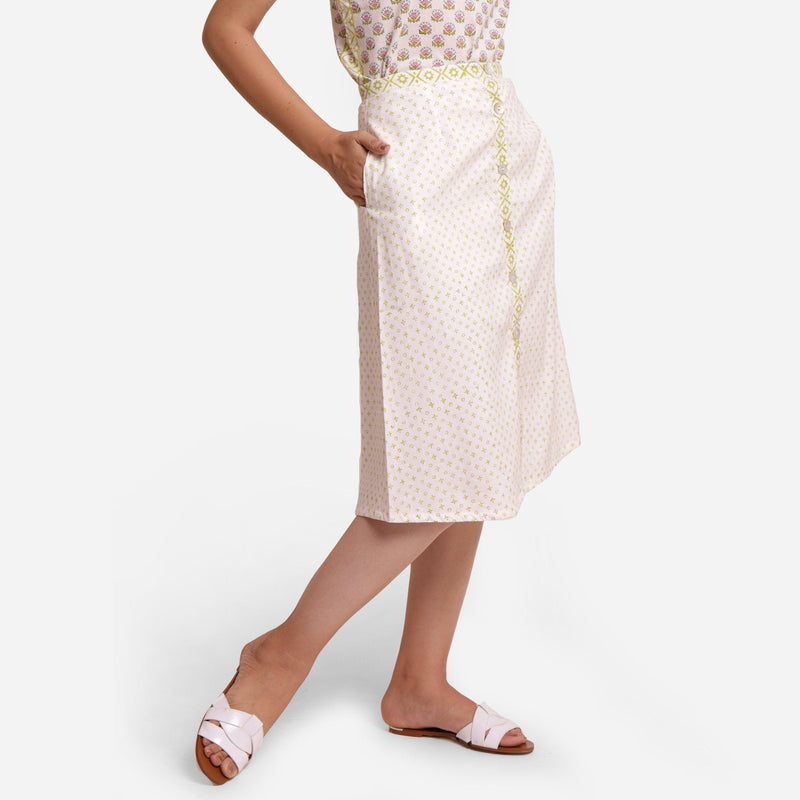 Right View of a Model wearing White Block Print Lace Cotton Knee Length Skirt