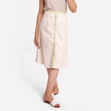Front View of a Model wearing White Block Print Lace Cotton Knee Length Skirt