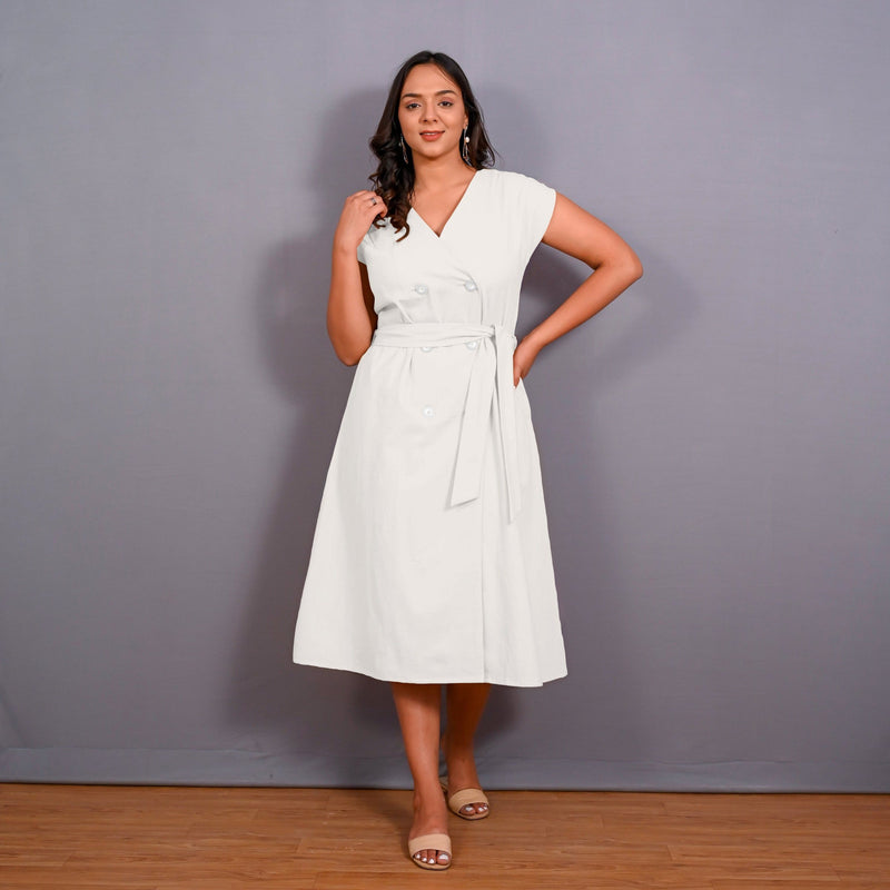 White Warm Cotton Flannel Button-Down A-Line Midi Dress