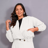 White Warm Cotton Flannel Double-Breasted Bomber Jacket