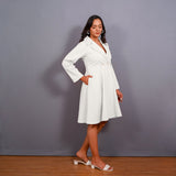 White Warm Cotton Flannel Fit and Flare Knee Length Blazer Dress