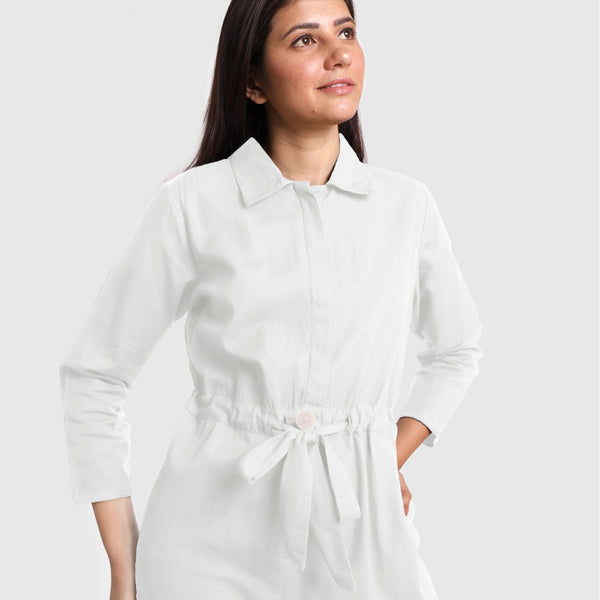 Front Detail of a Model wearing White Wide Legged Cotton Overall