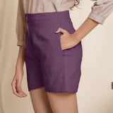 Left View of a Model wearing Wine 100% Cotton Flannel Warm High-Rise Shorts