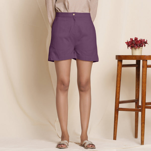 Front View of a Model wearing Wine 100% Cotton Flannel Warm High-Rise Shorts