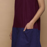 Front Detail of a Model wearing Wine and Navy Blue Handspun Cotton Paneled Boat Neck Shift Dress