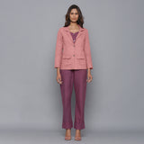 Front View of a Model wearing Wine Flannel Pant and English Rose Blazer Set