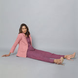 Front View of a Model wearing Wine Flannel Pant and English Rose Blazer Set