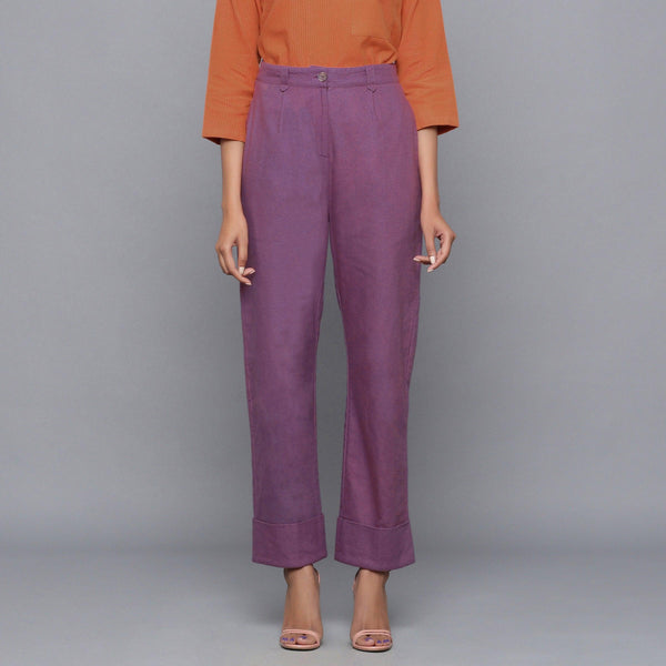 Front View of a Model wearing Wine Flannel Rolled-Up Straight Pant