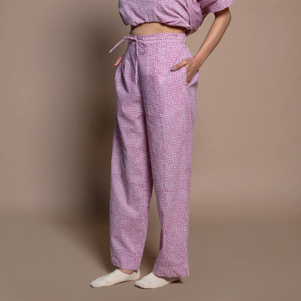 Left View of a Model wearing Wine 100% Cotton Block Printed High-Rise Pant