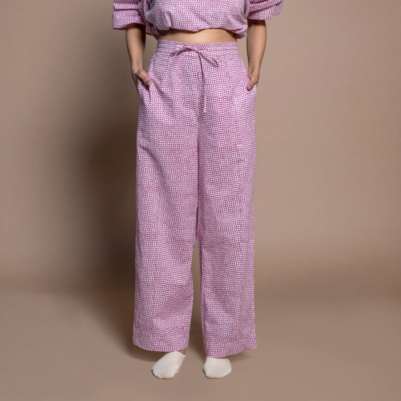 Front View of a Model wearing Wine 100% Cotton Block Printed High-Rise Pant