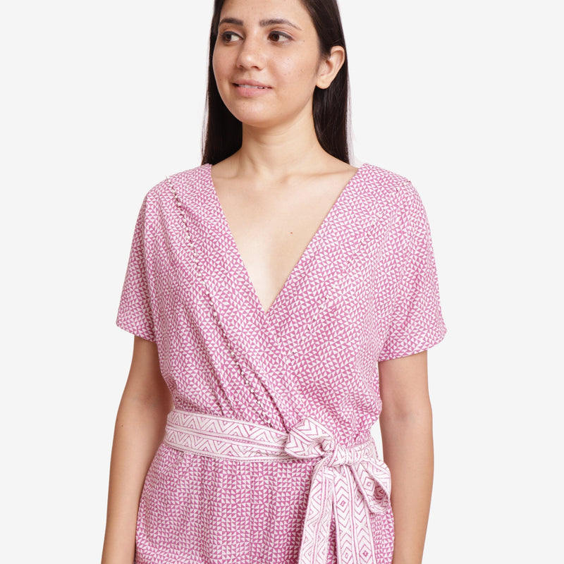 Front Detail of a Model wearing Wine Block Printed Cotton Ankle Length Wrap Jumpsuit