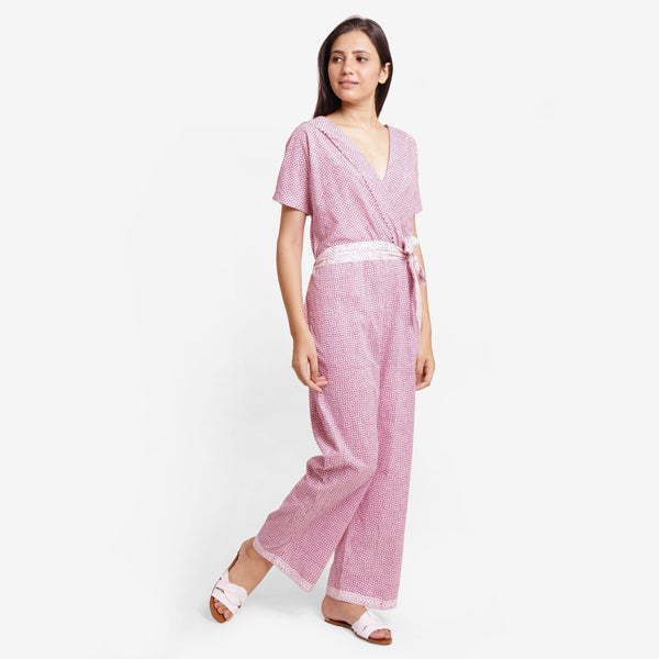 Right View of a Model wearing Wine Block Printed Cotton Ankle Length Wrap Jumpsuit