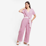 Front View of a Model wearing Wine Block Printed Cotton Ankle Length Wrap Jumpsuit