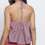 Back Detail of a Model wearing Wine Cotton Muslin Backless Handkerchief Top