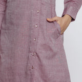 Front Detail of a Model wearingWine Cotton Muslin Cuff Sleeves A-Line Short Dress