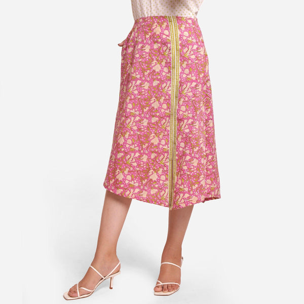 Front View of a Model wearing Wine Floral Block Printed Cotton Midi Slit Skirt