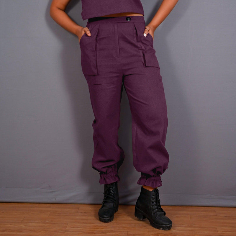 Wine Warm Cotton Flannel High-Rise  Convertible Jogger Cargo Pant