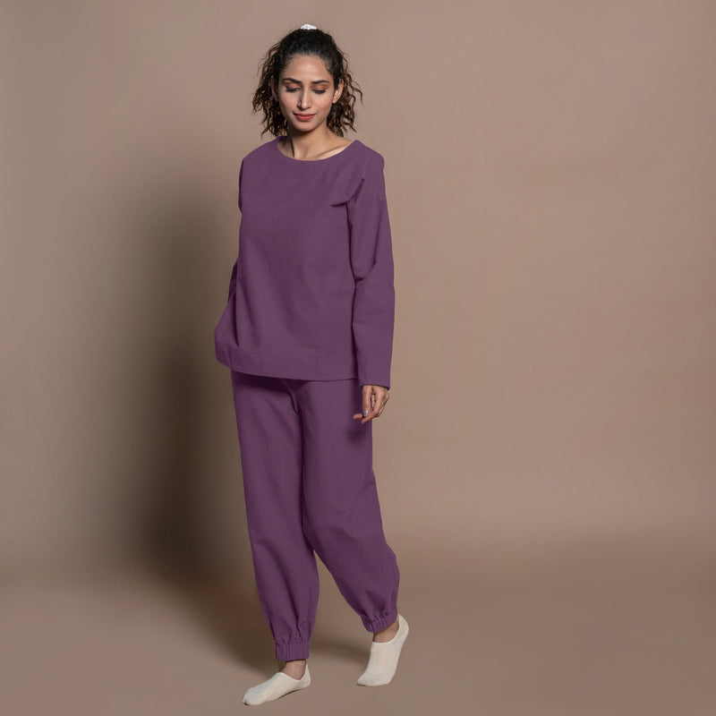 Left View of a Model wearing Wine Warm Cotton Flannel Elasticated High-Rise Jogger Pant