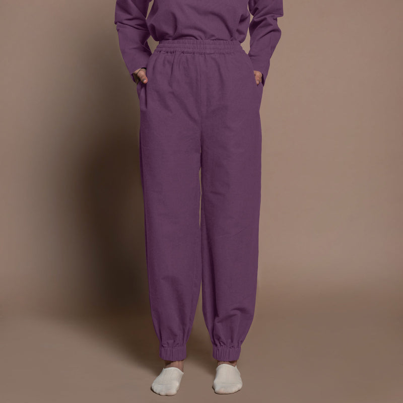 Front View of a Model wearing Wine Warm Cotton Flannel Elasticated High-Rise Jogger Pant
